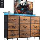 WLIVE Dresser TV Stand for 45, 50, 55 inch TV, Entertainment Center with LED Lights & Charging Station, Chest of Drawers with 9 Fabric Drawers and Open Shelves for Living Room, Hallway, Rustic Brown