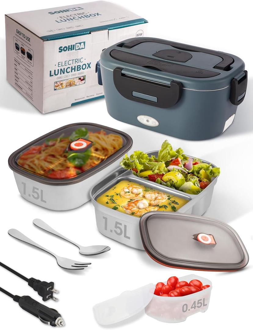 Heated Lunch Box, 80W Electric Lunch Box with Two 1.5L Stainless Steel Interchangeable Containers and Lids, 12V/24V/110V Food Warmer with Utensils and Insulated Bag for Car/Truck/Office (Black)