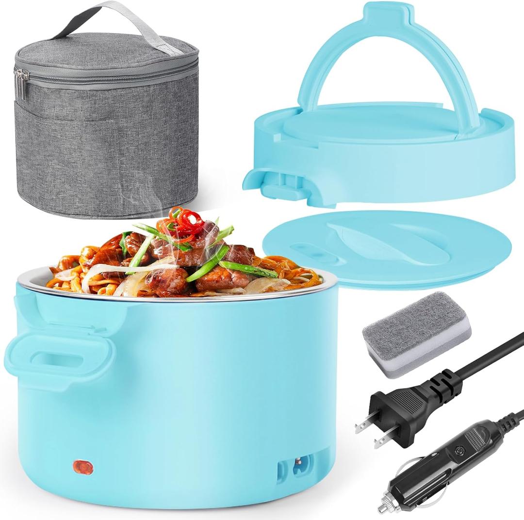 Electric Lunch Box for Adults with Insulated Carry Bag, 33.8oz 3-in-1 Portable Food Warmer 12V/24V/110V Leakproof & Dishwasher-Safe | Heated Lunch Box for Office, Car, Travel | Gifts for Women (Blue)