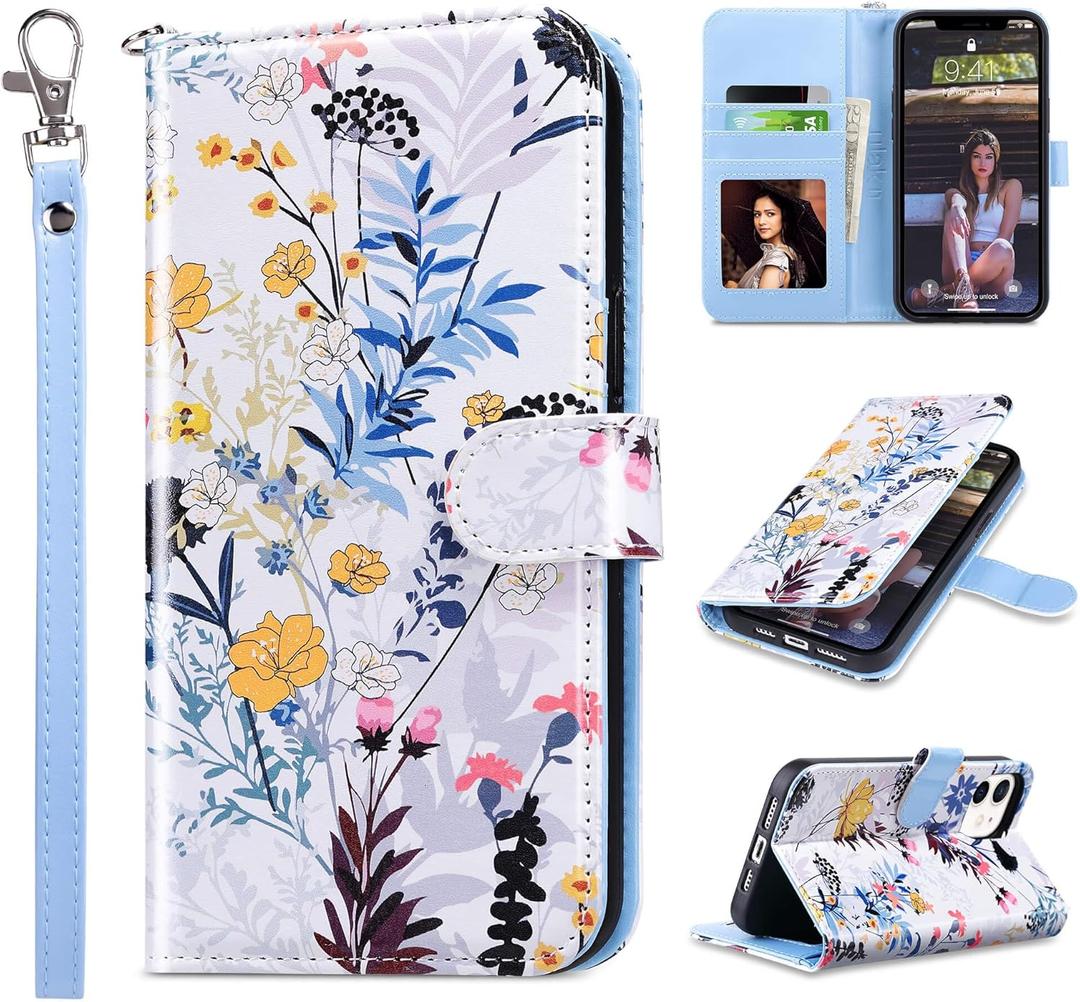 ULAK Compatible with iPhone 12/12 Pro Wallet Case with Card Holder [RFID Blocking], PU Leather Case with Kickstand Card Slots Wrist Strap, Durable Shockproof Protective Cover 6.1 Inch, Forest