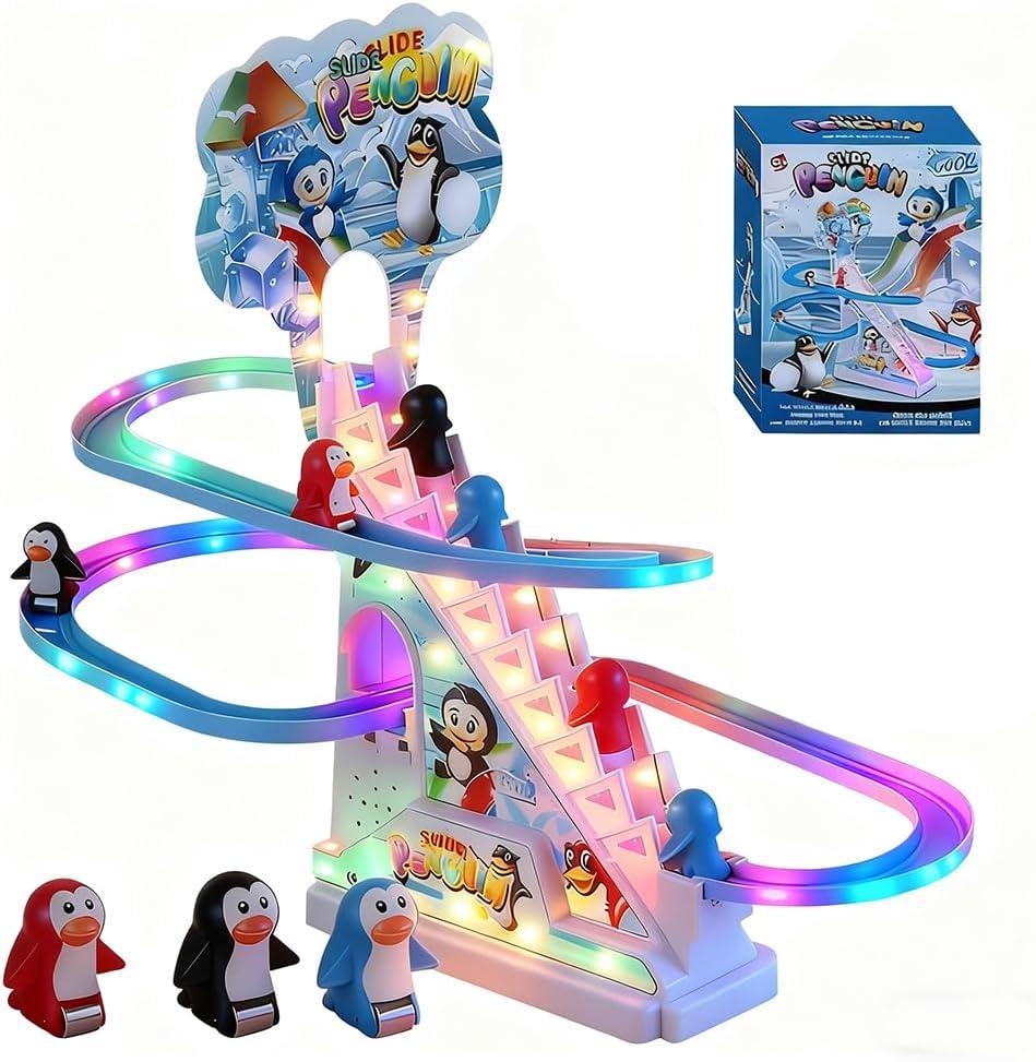 RCOOS Penguin Climbing Toy Set Electric Light Slide Climbing Toys for Automatic Stairs,Playful Santa Race Game Christmas Roller Climbing Toys with LED Light and Music for Toddlers Boys Girls
