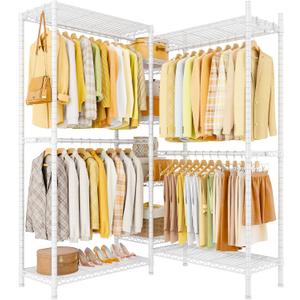 Ulif E4L L-shaped Clothing Rack for Corner, Heavy-Duty Freestanding Garment Rack, Metal Clothes Storage Organizer System with Shelves and Hangers, Max Load 962lbs, 42.7" W x 42.7" D x 79.3" H, White