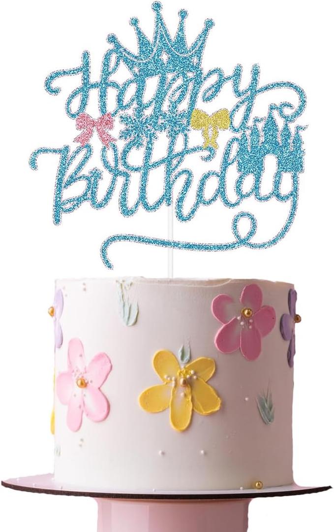 Castle Cake Topper -Glitter Castle Bowknot Happy Birthday Cake Topper Decorations,Winter Wonderland Themed cake Decoration,Girl Baby Shower Decoration,Winter Princess Birthday Party Decoration