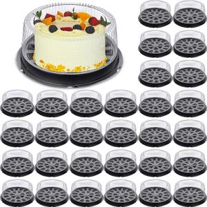 Thenshop 30 Pcs 11 Inch Plastic Disposable Round Cake Containers Pie Carriers with Dome Lids and Black Cakes Boards Clear Cakes Boxes for Food Transport Valentine's Day Wedding Birthday Party