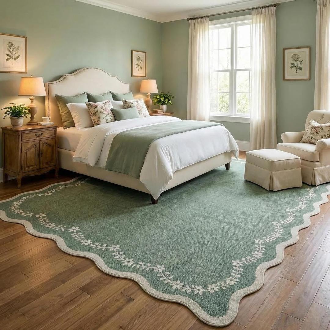 GarveeHome 6x9 Scalloped Area Rug Sage Green Washable Rugs for Living Room Bedroom, Soft Low Pile Non Slip Accent Floor Mat Solid Floral Print Throw Rug Farmhouse Indoor Carpet for Dorm Playroom