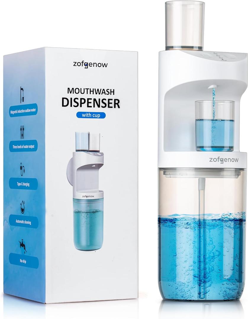 ZOFGENOW Automatic Mouthwash Dispenser for Bathroom, Bathroom Accessories 19.4 Fl Oz Dispensers with Magnetic Cups, Wall Mounted Dispenser, Suitable for All Age Groups, White