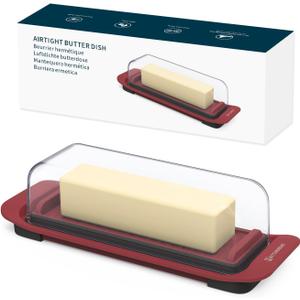 KITCHENDAO Airtight Butter Dish with Lid for Countertop and Refrigerator Door Shelf, Butter Keeper, Plastic Butter Holder Tray Container for West/East Coast Butter, Red