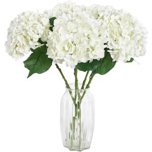 4PCS Real Touch White Hydrangea Artificial Flowers 21'' Large Latex Fake Hydrangea Flowers Faux Hydrangea with Stem for Wedding Home Room Table Centerpiece Indoor Baby Shower Decorations (White)