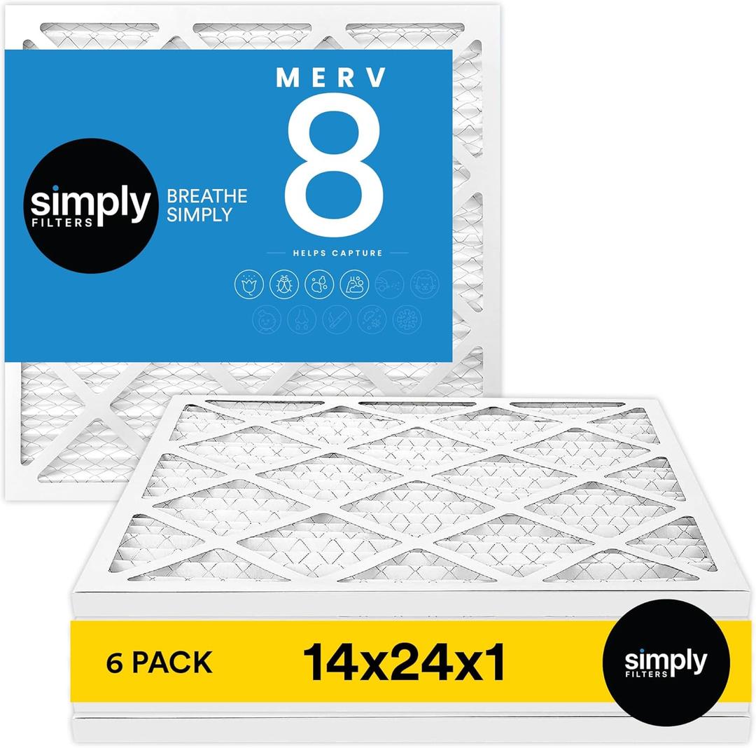Simply 14x24x1 Air Filter, MERV 8, MPR 600, 6 Pack, For Home AC Furnace & HVAC (Actual Size: 13.75"x23.75"x0.75") DUST, Pet, & Allergy Control