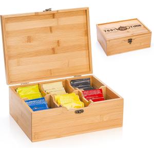 Lyellfe Tea Organizer Box, Bamboo Tea Bag Holder with Lid, Multi-purpose 6-Compartment Coffee Condiment Holder Storage Caddy for Home, Office, Caf