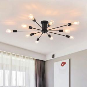 Garwarm Semi Flush Mount Ceiling Light, 10-Light Modern Black Sputnik Chandelier Industrial Ceiling Lamp for Kitchen Dining Room Living Room Bedroom Foyer Lighting Fixture