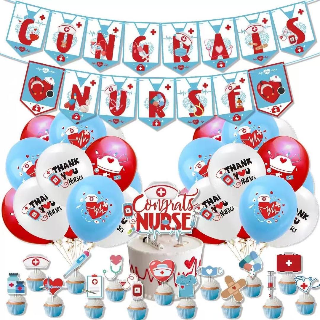Nurse Graduation Party Decorations 2026, Nursing Graduation Party Supplies with Congrats Nurse Banner, Nurse Balloons, Nurse Cupcake Toppers for Nurses Week Decorations 2026