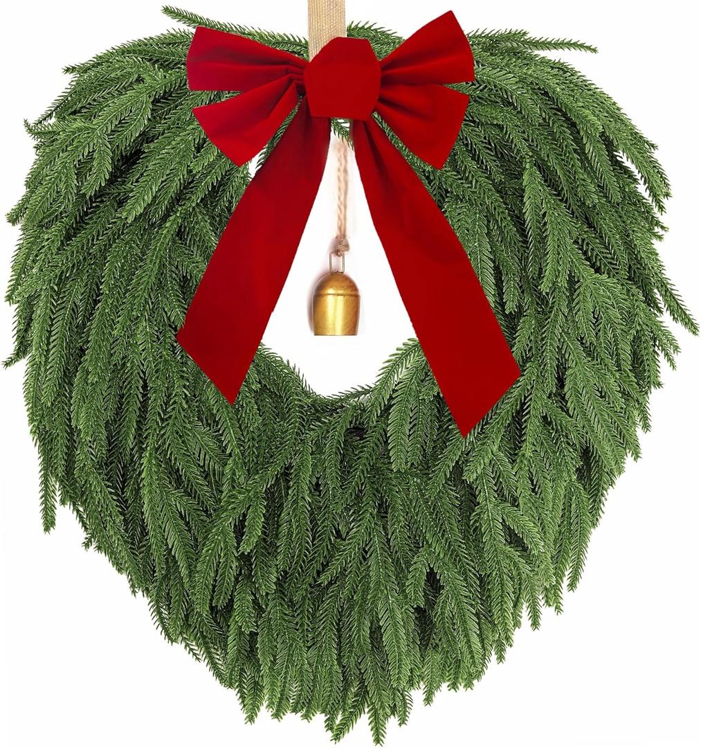 24" Norfolk Pine Wreath, Artificial Christmas Wreaths, Real Touch Green Winter Garland for Front Door Wall Indoor Outdoor Christmas Holiday Decor, with Bow & Bell, FF12