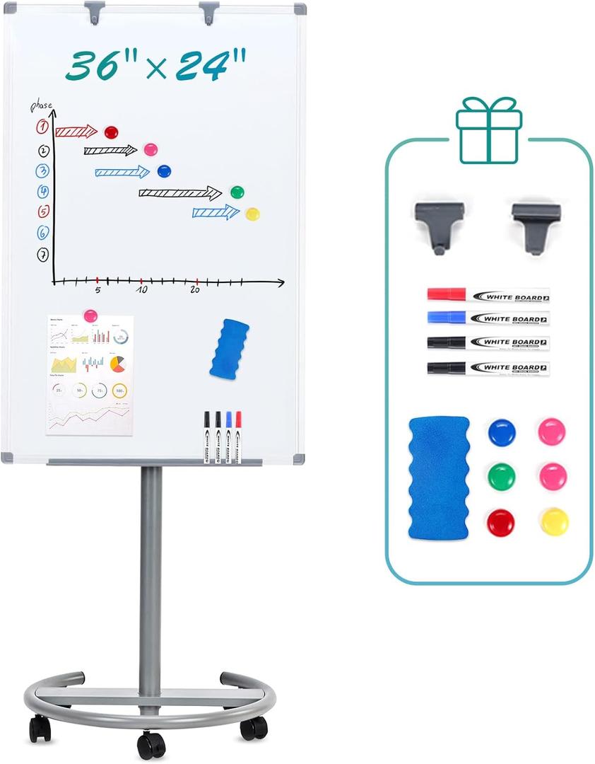 MAKELLO Rolling Whiteboard 3' x 2', Height Adjustable Dry Erase Board on Wheels, Mobile White Board for Office School Classroom Home Restaurant, Aluminum Frame, 36x24 in (C)