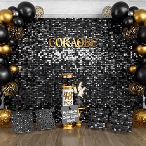 COKAOBE ProBlack Series Shimmer Wall Backdrop 48 Pcs, Black Square Sequin Glitter Backdrop Panel, Black Back Not See-Through Design, Perfect for Birthday Graduation Wedding and Party Decoration