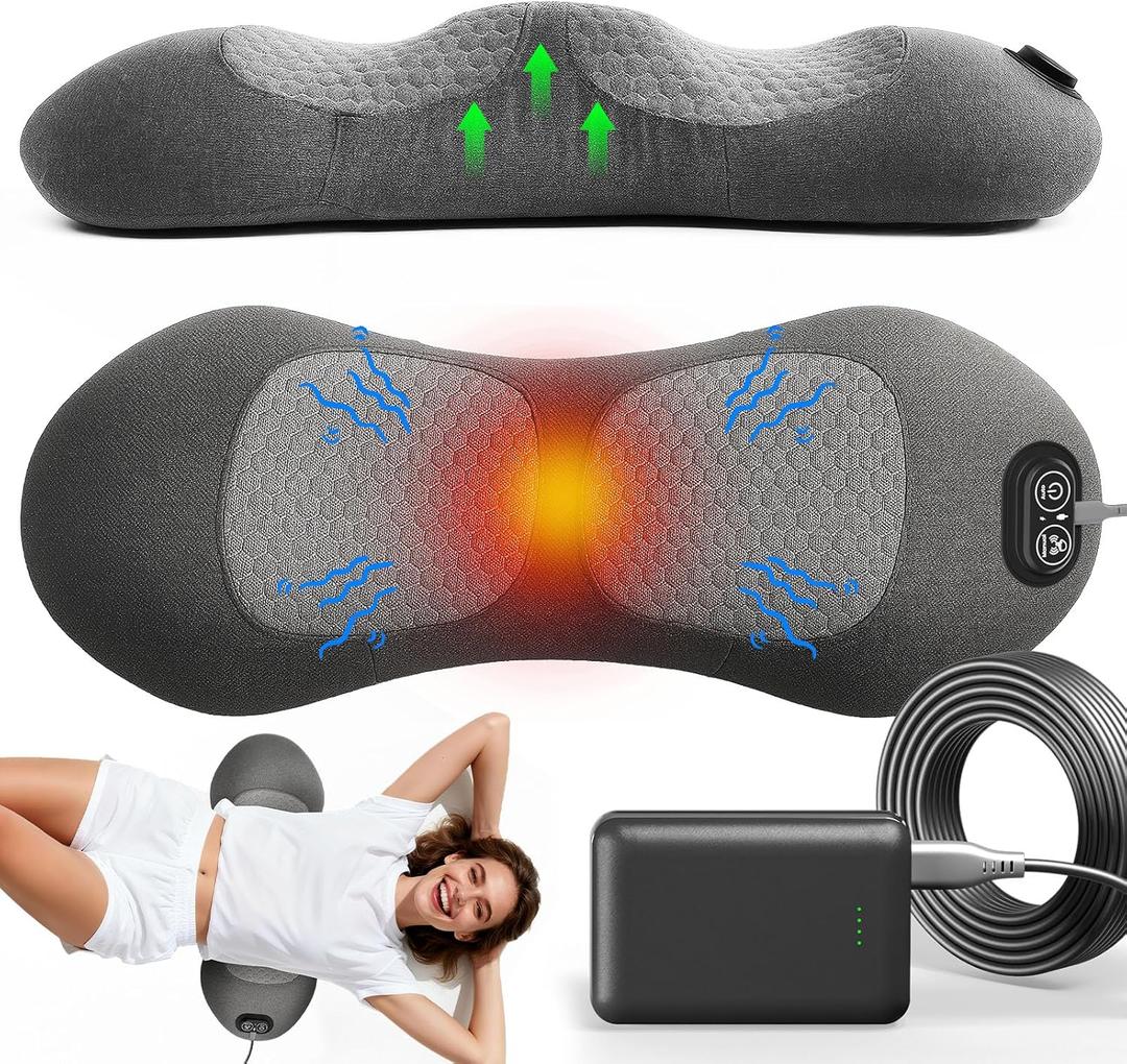 Upgraded 3-in-1 Portable Lumbar Pillow for Back Relief, Smooth Spine Triple Fusion Back Massager with Stretch, Vibration & Heat, Includes 5000mAh Power Bank for Deep Relaxation on Bed, Sofa & Car