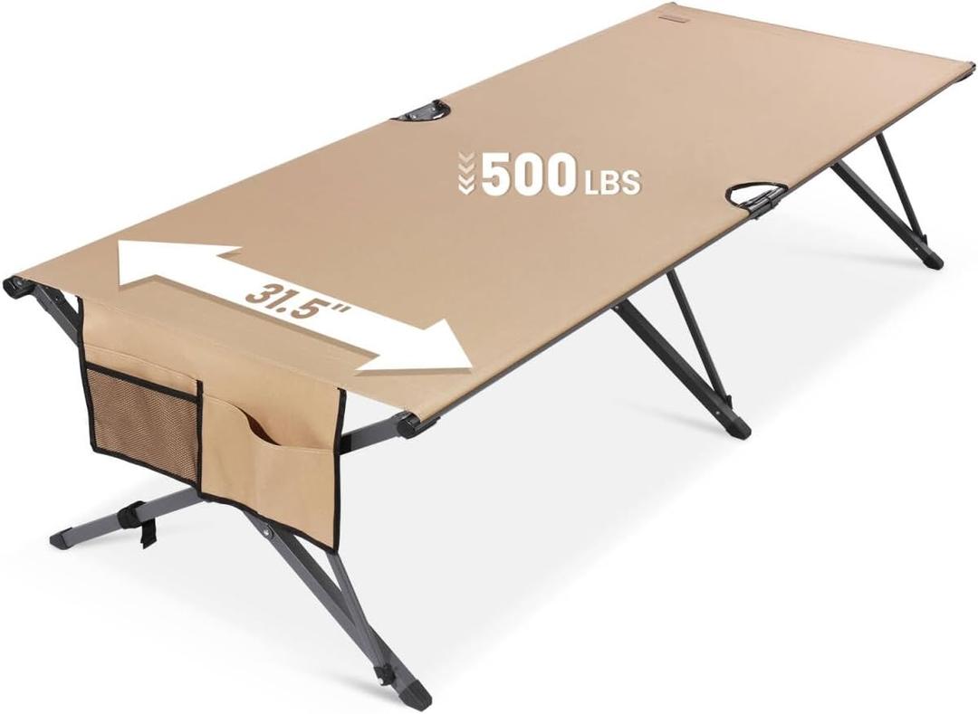 HOMECALL 31.5'' Heavy Duty Camping Cot for Adults, 500 lbs Capacity, Supports Up to 6.9ft, Military Folding Portable Cot with Carry Bag for Camping, Travel, Guest & Emergency Use, Desert Tan