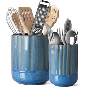 LE TAUCI Utensil Holder for Kitchen Counter, 7.3"+5.4" Fluted Ceramic Utensil Crock Organizer for Countertop, Heavy Large Holder for Spatulas, Spoons, Set of 2, Blue Marble