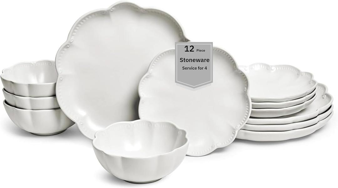 Sango 12 Pieces Scalloped Dinnerware Set, Modern White Dishes for 4, Premium Serving Plates & Bowls Sets, Chip & Scratch Resistant, Ceramic Dishware, Kitchen Dish, Microwave & Dishwasher Safe, Bethany