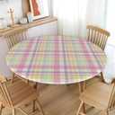 Easter Plaid Round Fitted Tablecloth with Elastic Spring Pastel Table Cloth Holiday Decorative Washable Seasonal Pink Checkered Decor Table Cover Outdoor Kitchen Dining Home Picnic for 40"-44" Table