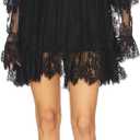 Women Lace See Through Mini Dress Long Sleeve High Neck Loose Fit Sheer Floral Short Dress Sexy Beach Cover Up (Large, Black)