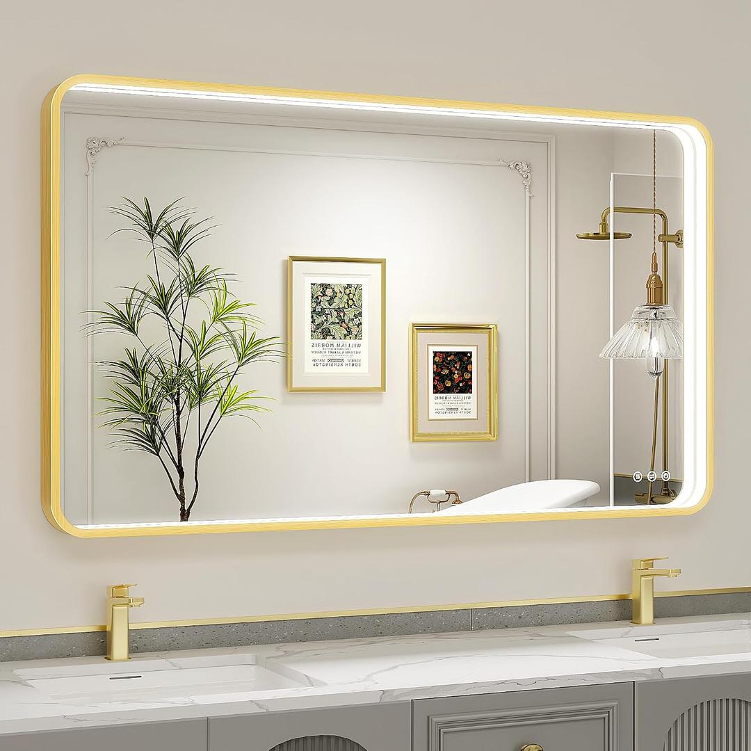 LED Bathroom Mirror with Lights, 48x28 Inch Gold Metal Framed LED Mirror for Bathroom, 3 Colors and Stepless Dimmable Wall Mounted Lighted Bathroom Vanity Mirror, Anti-Fog, Memory