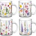 Tioncy 4 Pcs Spring Flower Coffee Mugs 12 oz Floral Glass Cups with Handle Spring Wildflower Coffee Cup Floral Mug Gifts Drinking Containers for Holiday Party
