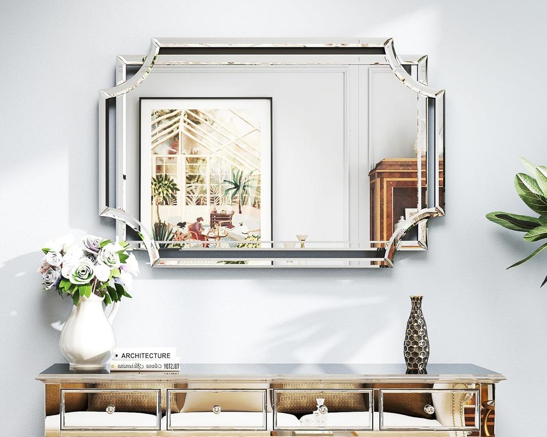 Chende Scalloped Large Wall Mirror, 28" x 40" Bathroom Mirror with Beveled Edge and Glass Pieces, Wall Decor for Living Room, Entryway, Fireplace, Dining Room, Hallway, Horizontal/Vertical Mirror