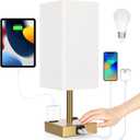 Bedside Lamp with USB Ports - Touch Control Table Lamp for Bedroom with USB C+A Ports & AC Outlets, 3 Way Dimmable Nightstand Light with Pleated Shade for Living Room(Bulb Included)