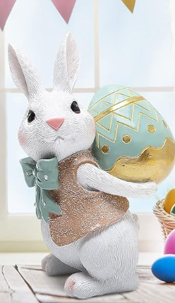 Hodao 5.5 Inch Polyresin Bunny Decorations Spring Easter Decors Figurines Tabletopper Decorations for Party Home Holiday Cute Rabbit Easter Gifts (Blue)