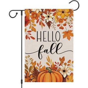 Heyfibro Hello Fall Pumpkin & Fallen Leaves Garden Flag 12x18 Double Sided Burlap, Autumn Maple Leaf Flower Yard Flags for Thanksgiving Rustic Seasonal Outside Outdoor Decoration (ONLY FLAG)