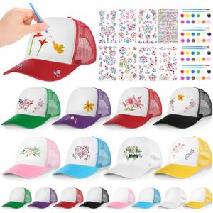 Aneco 16 Packs DIY Baseball Caps Hats, Adjustable Sport Ball Caps, Multicolor Creative Painting Baseball Cap with Acrylic Paint Strips and Brushes, Stickers for Outdoor Sports, Camp, Summer, Birthday