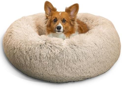 Best Friends by Sheri Original Calming Donut Dog and Cat Bed, Shag Faux Fur, Taupe, (30in x 30in) - Anxiety Relief for Pets Up to 45 lbs