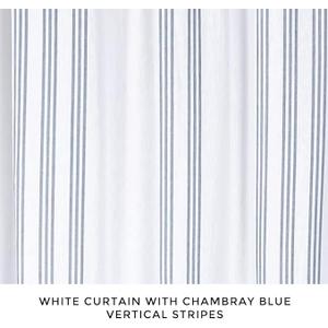 HALL & PERRY Modern Transitional Chambray Blue Striped Shower Curtain with Tassels - Vertical White and Chambray Blue Striped 100% Cotton, 72" x 72"
