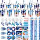 Baderke 144 Pcs Blue Christmas Classroom Gifts for Students Goodie Bag Fillers for Stocking Stuffer Xmas Party Supplies Goody Cups Pencil Eraser Keychain Sticker Greeting Card Gift Exchange Prize