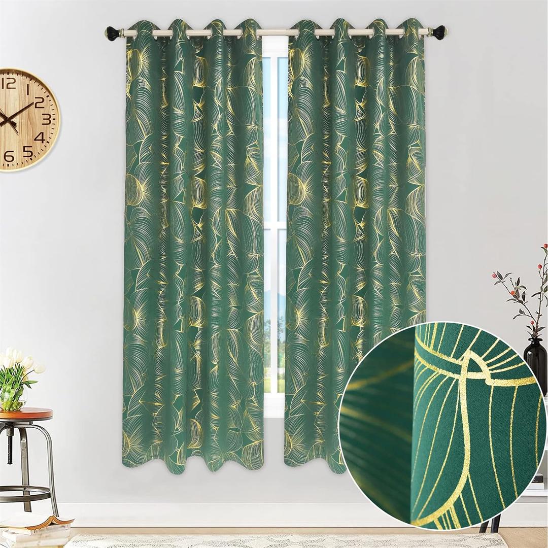 Leaf Blackout Curtains 84 Inch Long Foil Print Semi Blackout Window Curtains for Bedroom Living Room Home Decoration, Set of 2, Green