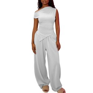 Ulovmi Women 2 Piece Outfit Off Shoulder Wide Leg Pants Set White XXL (White)