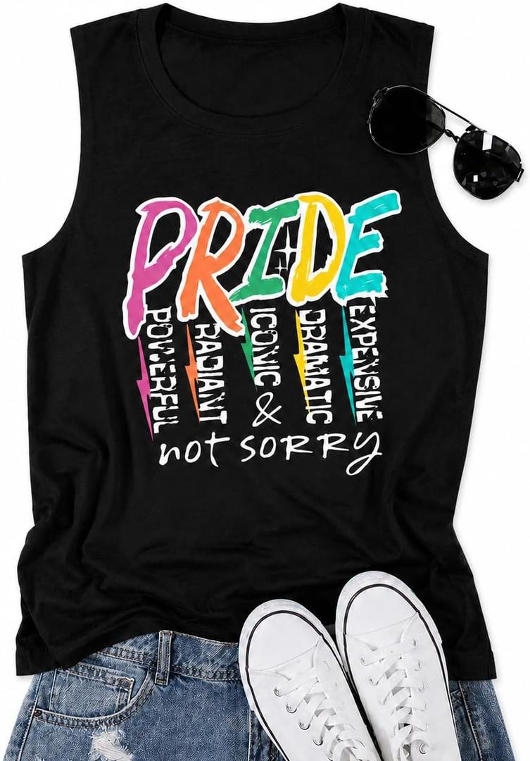 Pride Shirts for Women Pride Month Rainbow Graphic T-Shirt Pride Tank Top LGBTQ Equality Shirts (Black, L)
