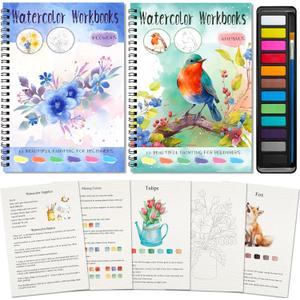 Elfew 2 Pack Watercolor Workbooks Coloring Books, 24 Pages Beginner Friendly Painting Kit, Detailed Steps, 12 Colors Paint Set with Brush, Stress-Relieving Gift for Adults & Women (Animals & Flowers)