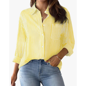 AISEW Womens Button Down Shirts Striped Classic Long Sleeve Collared Office Work Blouses Tops with Pocket Size M