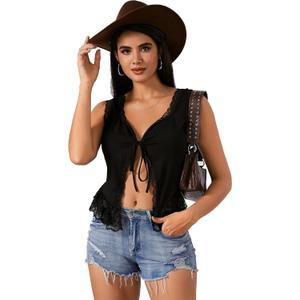 OYOANGLE Women's Going Out Top Lace Trim Front Tie Sleeveless Boho Summer Casual Crop Tank Blouse Shirt (Black, XL)