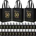 Supervitae 24 Cheers to 50 Years Gift Party Bags Medium Black and Gold Party Decoration Supplies Reusable Non Woven Totes for Birthday Anniversary Wedding Favor(9.8" x 7.9" x 3.9")