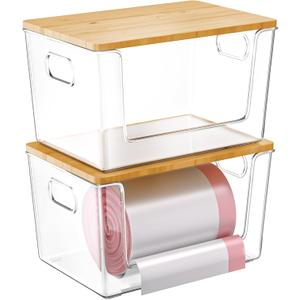 2 Set Pantry Organizer and Storage, Stackable Trash Bag Dispenser Clear Acrylic Kitchen Counter Pantry Baskets for Potato, Onion, Produce, Fruit, Vegetable, Snack, Trash Bag Holder with Bamboo Lid
