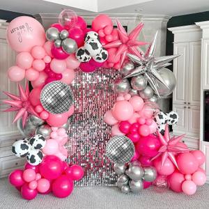 128pcs Disco Cowgirl Party Decorations, Hot Pink Silver Cowgirl Balloon Arch Garlan Kit with Disco Foil Cow Print Balloons for Bachelorette Birthday Party Decorations