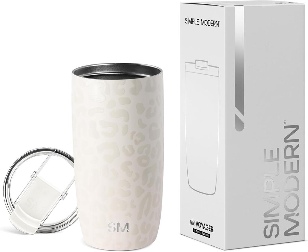 Simple Modern Travel Coffee Mug Tumbler with Flip Lid | Reusable Insulated Stainless Steel Cold Brew Iced Coffee Cup Thermos | Gifts for Women Men Him Her | Voyager Collection | 16oz | Cream Leopard 