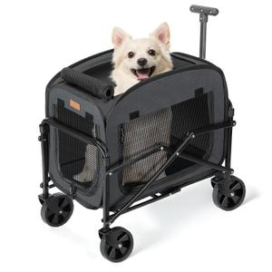 Dog Transporter with Wheels, Large Dog Trolley for Dogs and Cats, 18 kg, Rolling Pet Carriage with Large All-Terrain Wheels (Black)