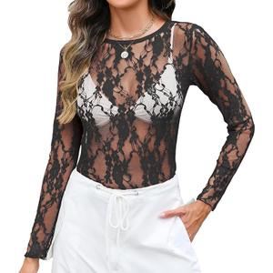 PT Haahoos Women's Long Sleeve Mesh Tops Sexy Crewneck Sheer Lace Shirts Party Club Night See Through Blouses S