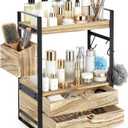 2-Tier Bathroom Counter Organizer with 2 Drawers, Basket and Hooks, Wood Bathroom Organizers and Storage for Countertop, Farmhouse Bathroom Countertop Organizer for Vanity, Kitchen, Coffee Bar, Office