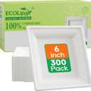 ECOLipak 6 Inch Compostable Square Paper Plates, 300 Count Heavy Duty White Small Paper Appetizer Plates, Disposable Biodegradable for Dessert Daily meals, Dinner, Parties, BBQ