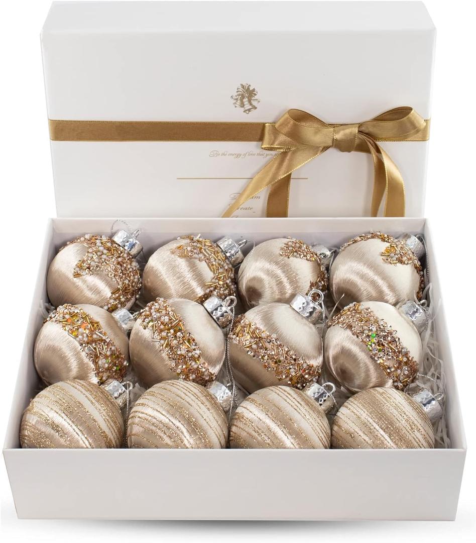 12 Pcs Satin Christmas Balls, Silk Christmas Tree Hanging Ornaments, Luxury Home Decorations for Xmas Tree Wreath Garland Holiday Wedding Party Decoration (Champagne)